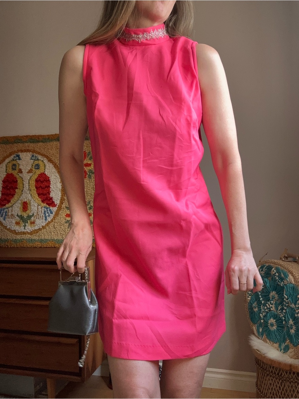 Vintage 1960’s Mod Sleeveless Hot Pink Mock Neck Women's Dress